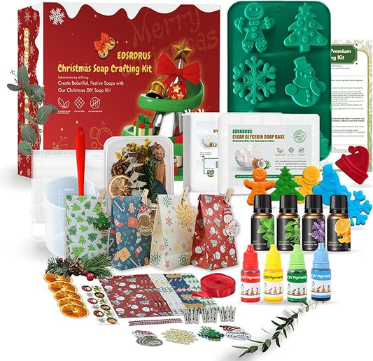 EDSRDRUS Soap Making Kit Series - Soap Making Supplies with Glycerin Soap Base, Silicone Molds, Fragrance Oils, Pigments & More (Red Christmas Soap Making Kit)