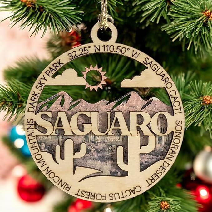 Saguaro National Park Handcrafted Wood Ornament - 3" Laser Cut Christmas Decoration, Arizona Desert Scene, USA Made