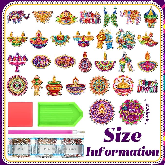 Copkim 30 Pcs Diwali Diamond Art Magnets Kits DIY Happy Diwali Festival Diamond Painting Fridge Magnetic Stickers Gem Art Magnets for Indian Holiday Party Decor Home