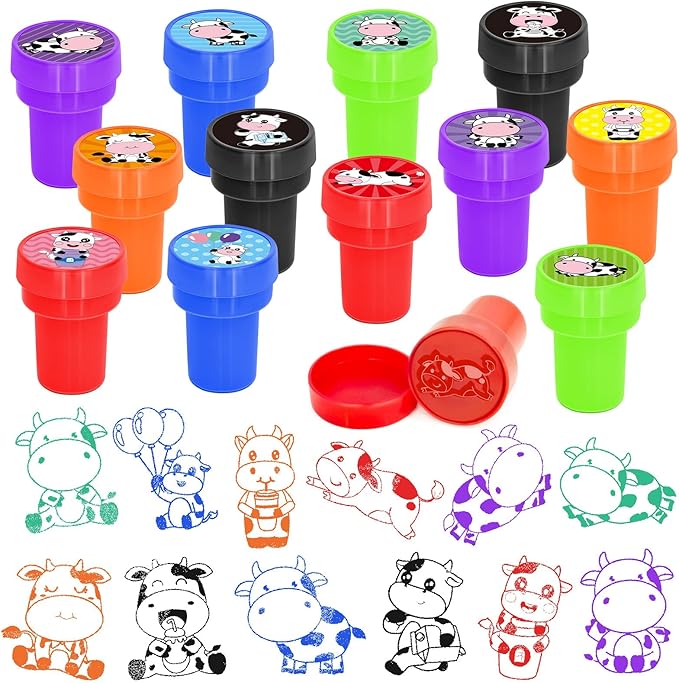 Cinrobiye 24 Pcs Cow Stampers for Boys Girls,Farm Animal Party Birthday Favors, Cow Goodie Bag Fillers, Classroom Rewards, Carnival Prizes, Pinata Stuffers for Moo Party Gifts