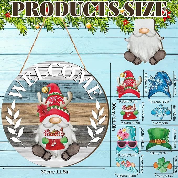 Qunclay Interchangeable Wooden Gnome Decor Holiday Seasonal Gnome Decorations with Magnet Pieces and Detachable Hats Changeable Welcome Sign for Home(Watercolor)