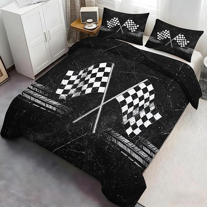 Racing Flag Bedding Set California King Vintage Racing Checkered Flag Duvet Cover Retro Race Track Comforter Cover Race-Themed Teen Bedding Set with Pillowcases for Bedroom