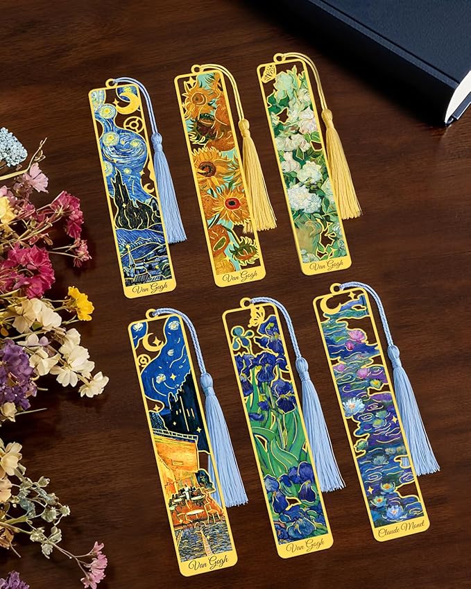 6 Pieces Metal Bookmarks with Tassel, Golden Hollow Bookmark Oil Painting Van Gogh Monet Theme Book Mark Bookmarks for Book Lovers Writers Readers Children Teens Men Women Adults