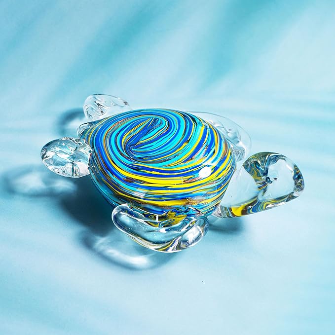 QFkris 6" Hand Blown Glass Sea Turtle Figurine, Crystal Ocean Creatures Statue, Glass Turtle Sculpture for Home Decor, Birthday Present, for Women