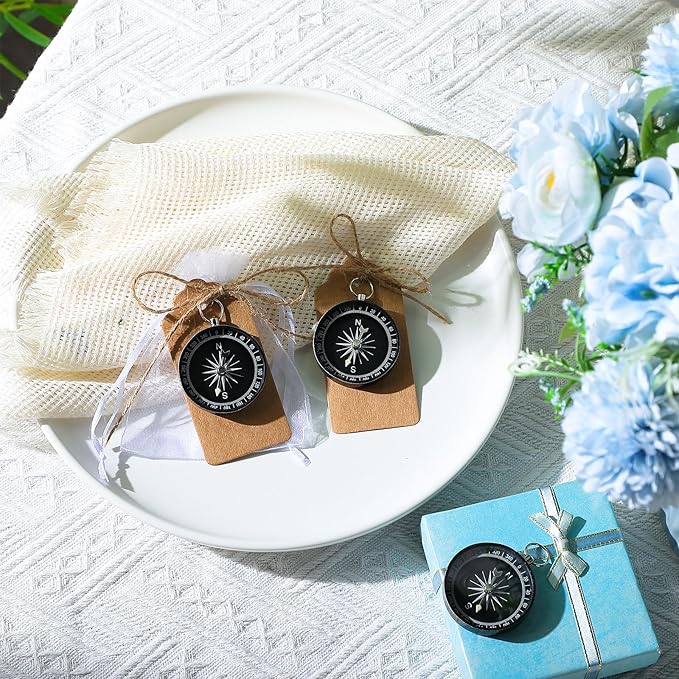 TaoBary 60 Pcs Compasses Valentines Day Wedding Party Favors Set, 2026 Mini Compass Souvenir Nautical with Kraft Tags and Organza Bag for Guests Birthday Nautical Travel Party Souvenir Gift(Black)