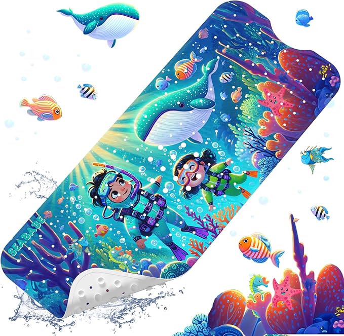 XIYUNTE Baby Bath Mat for Tub Non Slip Kids Bath Mat - 40''x16'' Extra Long Cartoon Diving Baby Bath Tub Mat Eco-Friendly Toddler Bath Mats with Suction Cups & Drain Holes Easy to Clean & Easy Drying