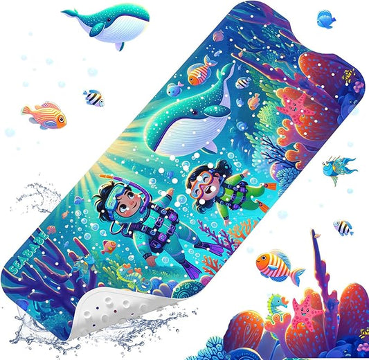 XIYUNTE Baby Bath Mat for Tub Non Slip Kids Bath Mat - 40''x16'' Extra Long Cartoon Diving Baby Bath Tub Mat Eco-Friendly Toddler Bath Mats with Suction Cups & Drain Holes Easy to Clean & Easy Drying