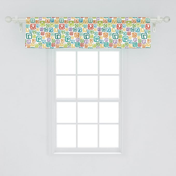 Ambesonne Alphabet Window Valance, Learning English Themed Irregular Colorful Letters in Squares, Curtain Valance for Kitchen Bedroom Decor with Rod Pocket, 54" X 12", Turquoise