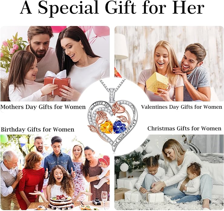 Iefil Valentines Day Gifts for Her - 925 Sterling Silver Rose Heart Birthstone Necklace Birthday Anniversary Jewelry Gifts for Her Wife Mom Daughter