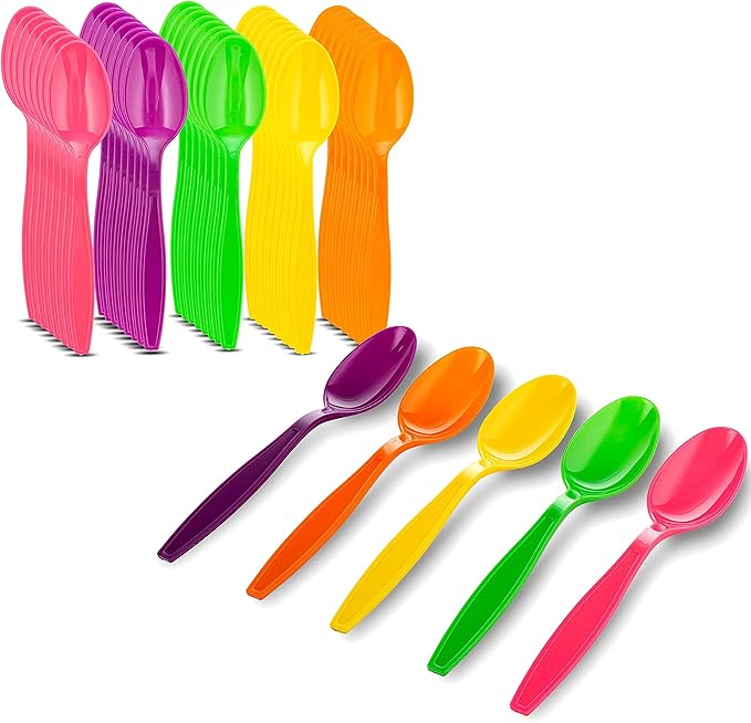 MT Products Candy Colored Medium Weight Polystyrene Plastic Tea spoons in Pink, Green, Orange, Yellow, Purple -Pack of 50 - Colors may vary