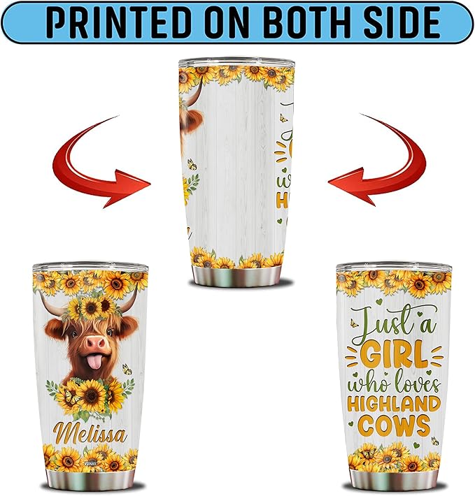 Personalized Cow Gifts for Women Stainless Steel Tumbler 20oz With Lid Just A Girl Who Loves Highland Cows Travel Cup Coffee Mug Gift for Her Daughter Girls Kids