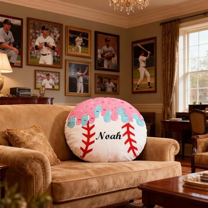 Personalized Name Baseball Ice Cream Drip Pillow Custom Name Baseball Pillow for Boys Girls Customized Gifts for Sport Fans Kids Birthday Sports Gift