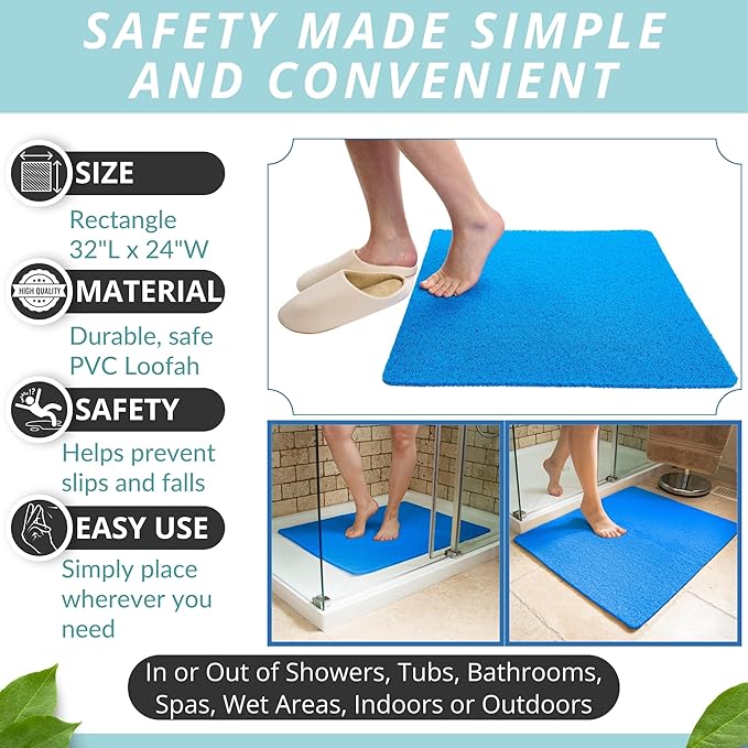 Enkosi Loofah Non-Slip Shower Mat - Shower Floors, Bathtub, Bathrooms, Wet Areas - Cushioned Bath Mat with Drain Holes - Quick Dry PVC, Secure Safety Pad Without Suction Cups (32x24 Blue)