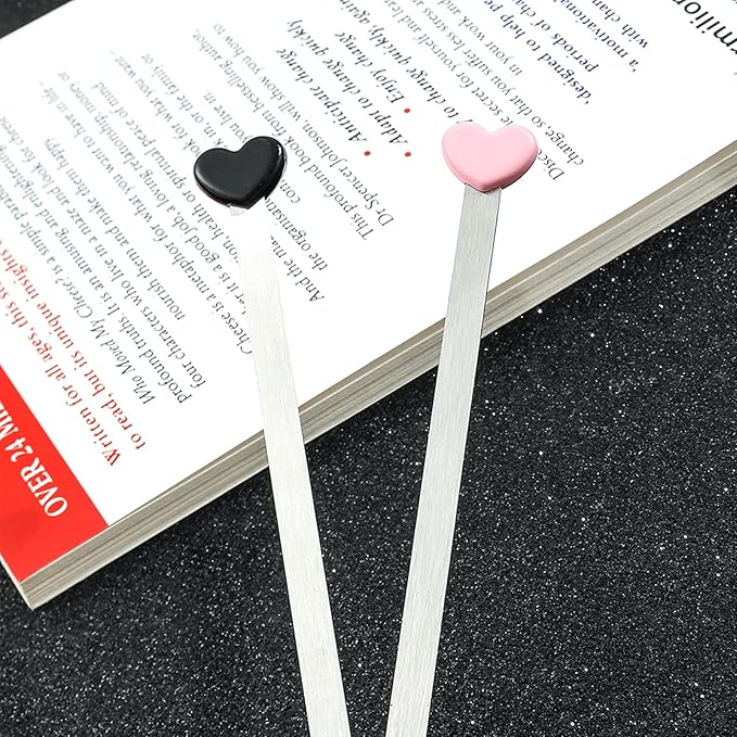 Love Heart Metal Bookmarks Set - Heart Stainless Steel Bookmarks, Reading Page Markers Gifts for Women, Book Lover, Girls, Boys,Couples Gifts (Black+Pink)