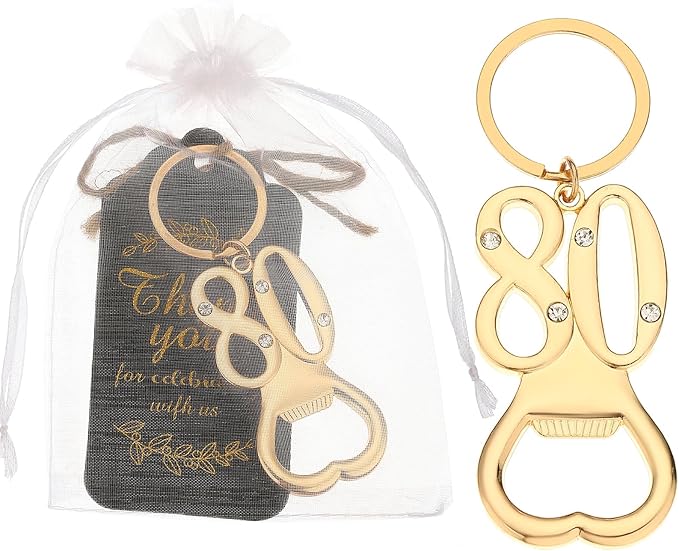 24 pcs 80th Gold Keychain Bottle Opener Birthday Party Favors for Guests,80th Beer Bottle Opener Favors Bulk for Birthday Anniversary Souvenirs Party Decor Supplies (Gold 80th)