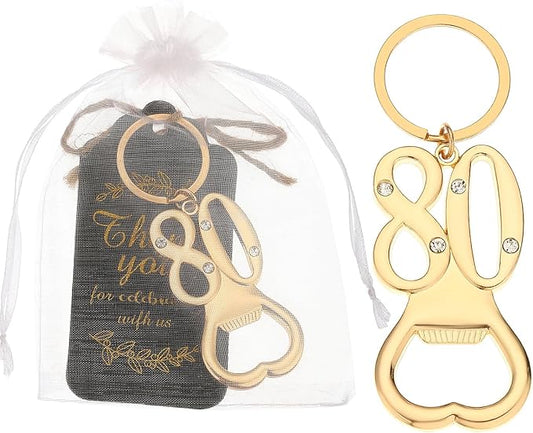 24 pcs 80th Gold Keychain Bottle Opener Birthday Party Favors for Guests,80th Beer Bottle Opener Favors Bulk for Birthday Anniversary Souvenirs Party Decor Supplies (Gold 80th)