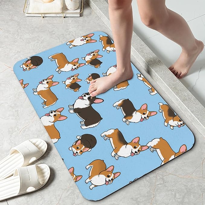 Cute Puppy Dog Bathroom Rug 29.5"x17",Quick-Drying Super Absorbent Diatomite Bath Mat with Non-Slip Backing, Thin Washable Bathroom Floor Mat Fits Under Door for Shower, Sink, or Tub