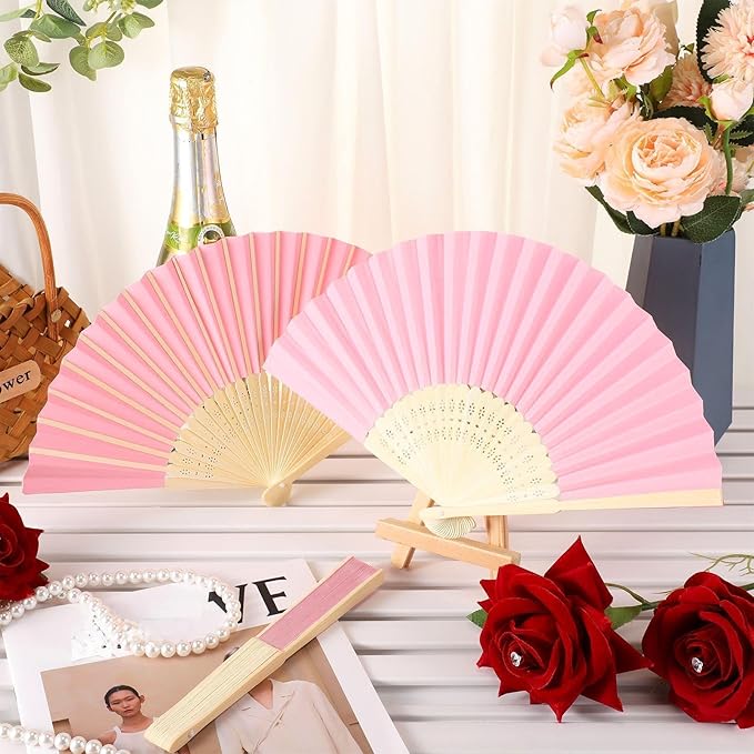 Yinkin 24 Pack Folding Fans Bamboo Handheld Folded Craft Hand Japanese Chinese Fans for Weddings Bridal Dancing Church DIY Decoration Women Gift Party Favors (Pink)