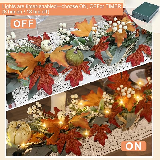 Realistic Fall Garland for Mantle 6 Ft Fall Maple Leaves Garlands with Lights/Timer Pumpkin Garland for Thanksgiving Outdoor Indoor Table Fireplace Autumn Decor Fall Decorations for Home Porch