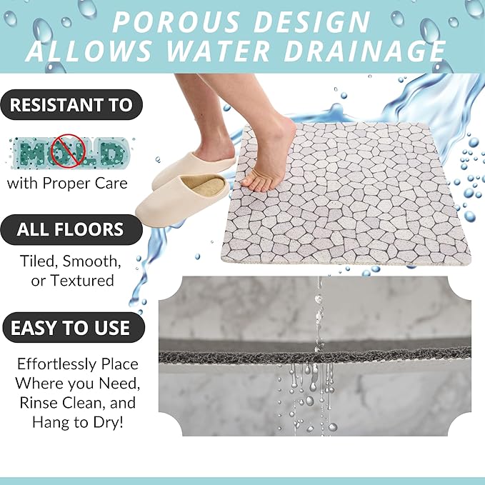 Enkosi Loofah Shower Mat Non-Slip - Anti-Slip Bath Mat for Inside Showers, Tub, Bathtub, Bathroom - Quick Dry PVC with Drain Holes - Cushioned Safety Grip - Secure for Kids and Elderly (Pebble 24x24)