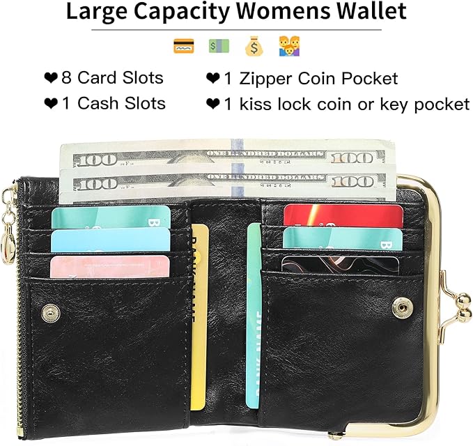 Wallet Women Small RFID Blocking Bifold Leather Wallets for Women Vintage Coin Purse With Zipper and Kiss Lock