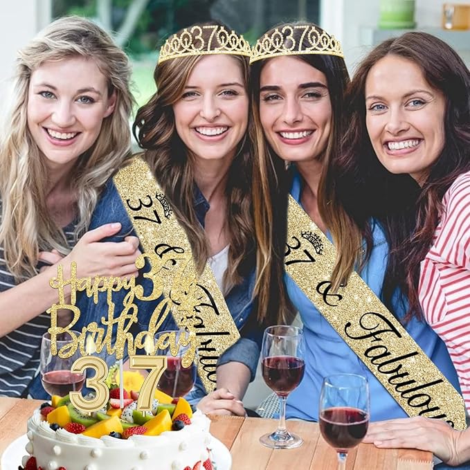 37th Birthday Decorations for Women Gold with 37th Birthday Sash and Tiara, Cake Topper and Candles, Number Balloons, 37 Year Old Gifts for Women