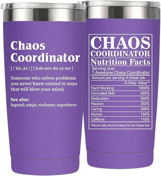 Chaos Coordinator Gifts for Women Men - Chaos Coordinator Tumbler Mug 20oz Gifts for Boss Coworker Gift for Teacher Appreciation Present Baskets for Supervisor Manager Nurse Purple Drinking Cup