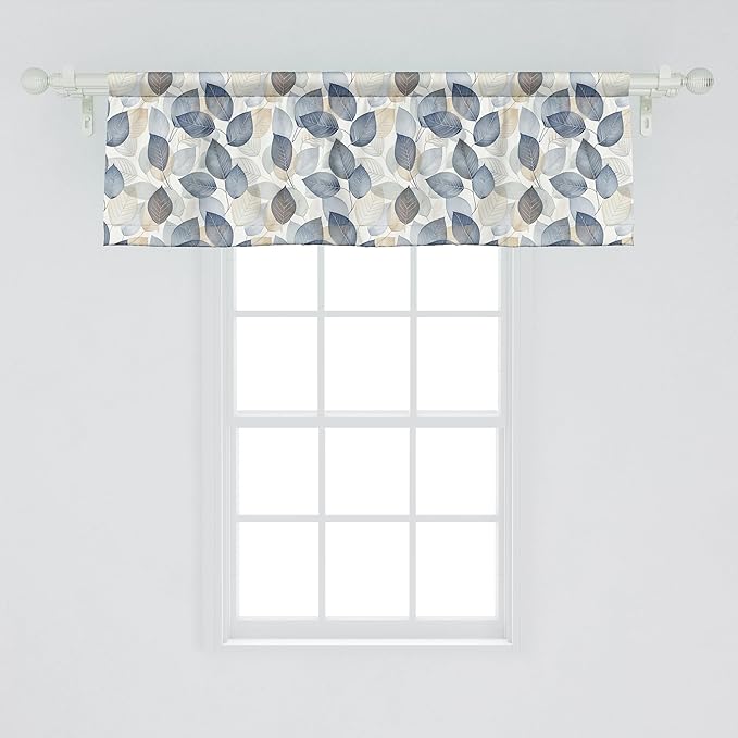 Ambesonne Autumn Leaves Window Valance Pack of 2, Urban Jungle Themed Falling Pale Tone Leafy Peduncles Pattern, Rod Pocket Curtain Valances for Kitchen Bedroom, 54" X 18", Dark Night Blue and Beige