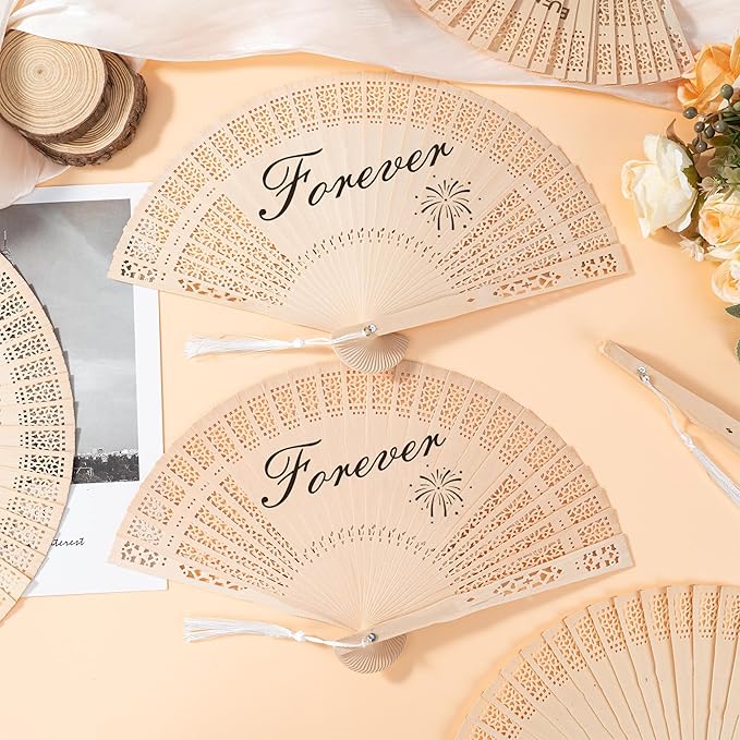 50 Pcs Wedding Fans Engraved Wooden Folding Hand Fans with Organza Bags, Wedding Party Favors for Guests, Bridal Shower & Summer Outdoor Ceremony (Style6,50)