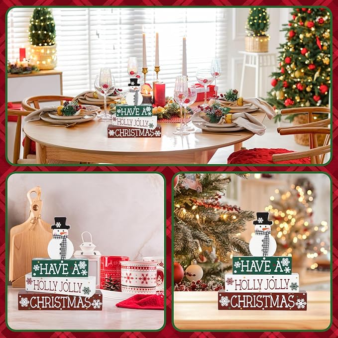 4 Pcs Christmas Decorations Indoor Wooden Snowman Table Sign Decor Table Centerpieces Xmas Merry Christmas Tabletop Block for Holiday Office Desk Tiered Tray Party Shelf Decor Farmhouse Winter