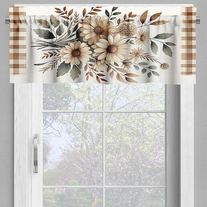 Ambesonne Farmhouse Valance & Tier Curtain 3 pcs Set, Bold Rooster Print and Flowers on Gingham with Rustic Country Style, Window Treatments for Kitchen Room Decor, 55" x 30", Tan Taupe and Dark Pink