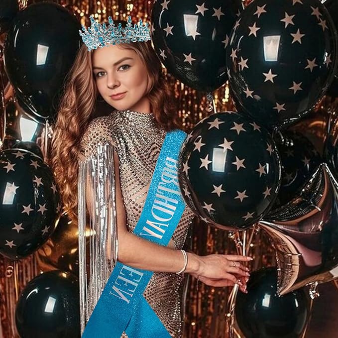 COCIDE Blue Birthday Sash and Crown for Women - Crystal Tiaras Decorations for Girl,Glitter Rhinestone Gifts Headband Sashes Decor,Coronas for Queen,Happy Birthday Accessories Party Favors