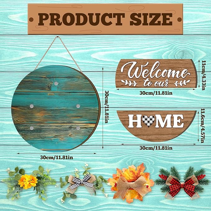 Vicenpal 22 Pcs Interchangeable Welcome Sign for Front Door with 17 Magnetic Icon Wooden Seasonal Front Porch Door Decor with 4 Seasonal Wreaths for Holiday Halloween Christmas Gift (Blue,Rustic)