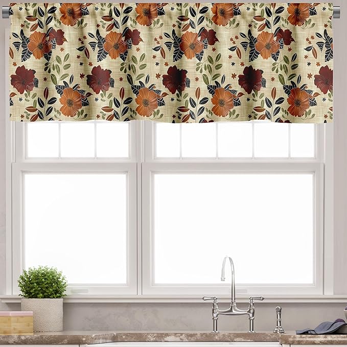 Ambesonne Floral Valance & Tier Curtain 3 pcs Set, Vintage Farmhouse Repetitive Flowers on Warm Tones on Brush Paint Back, Window Treatments for Kitchen Room Decor, 55" x 36", Maroon Amber Grey Yellow