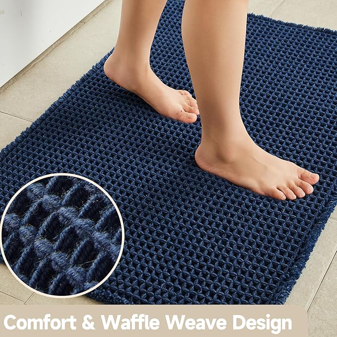 Waffle Bath Mat, Boho Bathroom Rugs Non Slip Washable Super Absorbent Quick Dry Bath Mat Farmhouse Bathroom Decor, 30"x20" Navy Blue
