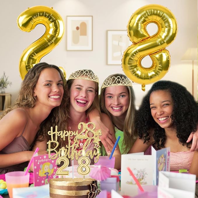 28th Birthday Decorations for Women Gold with Tiara, Sash, Cake Topper, Candles, Balloons, 28th Birthday Gifts for Women