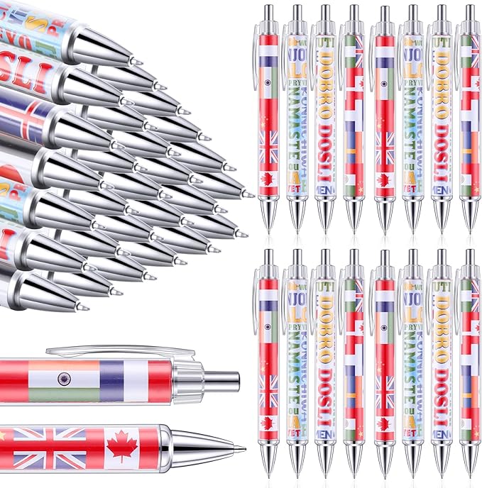 Treela 24 Pcs International Flag Pens World Country Flag Ballpoint Pens Retractable for International Sports Events Party Favors School Office Supplies