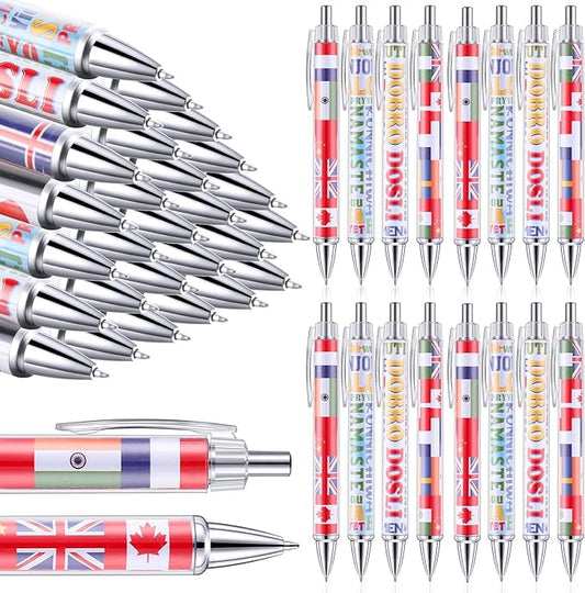 Treela 24 Pcs International Flag Pens World Country Flag Ballpoint Pens Retractable for International Sports Events Party Favors School Office Supplies