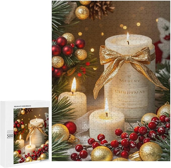 Wooden Puzzles 500 Piece，Christmas Atmosphere Candle Light, Merry Christmas Themed Jigsaw Puzzles，Funny Puzzles，Stress Relief Games，Puzzle Games Challenge Puzzles