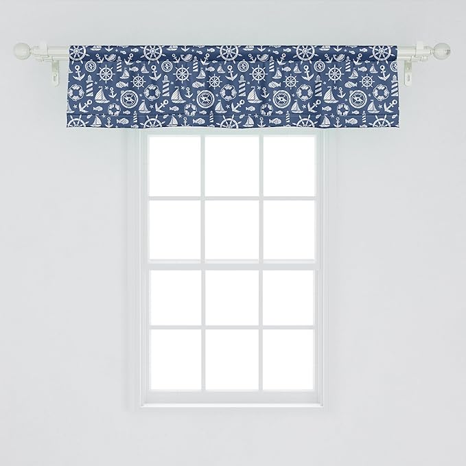 Ambesonne Sailboat Window Valance, Diagonal Hatched Nautical Elements Ship's Wheel Anchor and Marine Animals, Curtain Valance for Kitchen Bedroom Decor with Rod Pocket, 42" x 12", Blue White