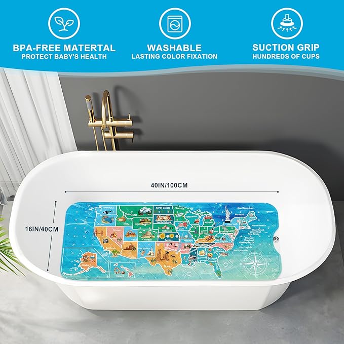 XIYUNTE Baby Bath Mat for Tub Non Slip Kids Bath Mat - 40''x16'' Extra Long Cartoon Bathtub Mat Non Slip Kids Shower Mat Eco-Friendly Toddler Bath Mats with Suction Cups, Machine Washable, Map