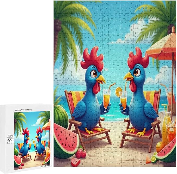 Jigsaw Puzzles for Adults 500 Piece - Cartoon Seaside Holiday Chicken Wooden Puzzles, Family Puzzles，Educational Games，Challenge Puzzles Puzzle Games