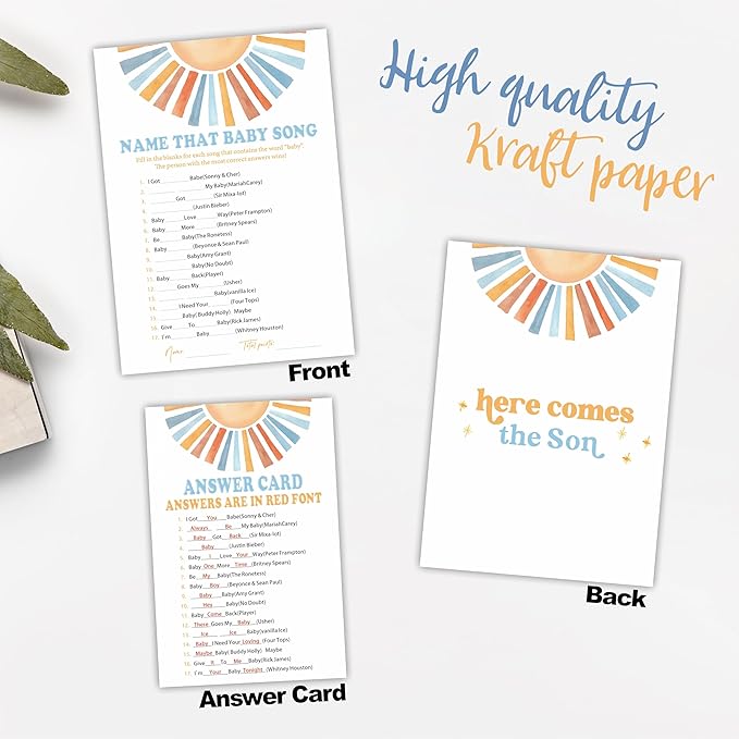 Name That Baby Song Baby Shower Game Kit - Watercolor Retro Sun - 30 Double-Sided Fill In Game Cards For Baby Shower, Gender Reveal Party Favor, Activity & Supplies - D09
