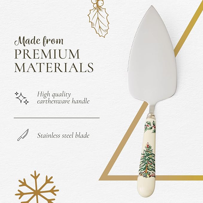 Spode Christmas Tree Cake Server, 10.5-Inch Stainless Steel Cake Knife with Fine Porcelain Handle, Holiday Dessert Flatware, Festive Christmas Utensil, Elegant Holiday Table Setting Addition