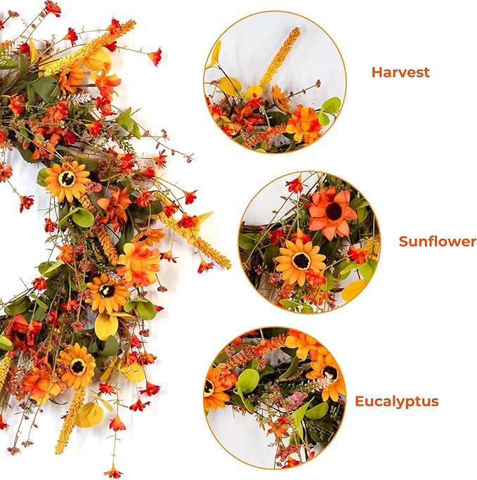 22" Fall Wreath for Front Door with Hanger Artificial Flowers Autumn Decor Berries Sunflowers Daisy Thanksgiving Decorations, Farmhouse Indoor/Outdoor
