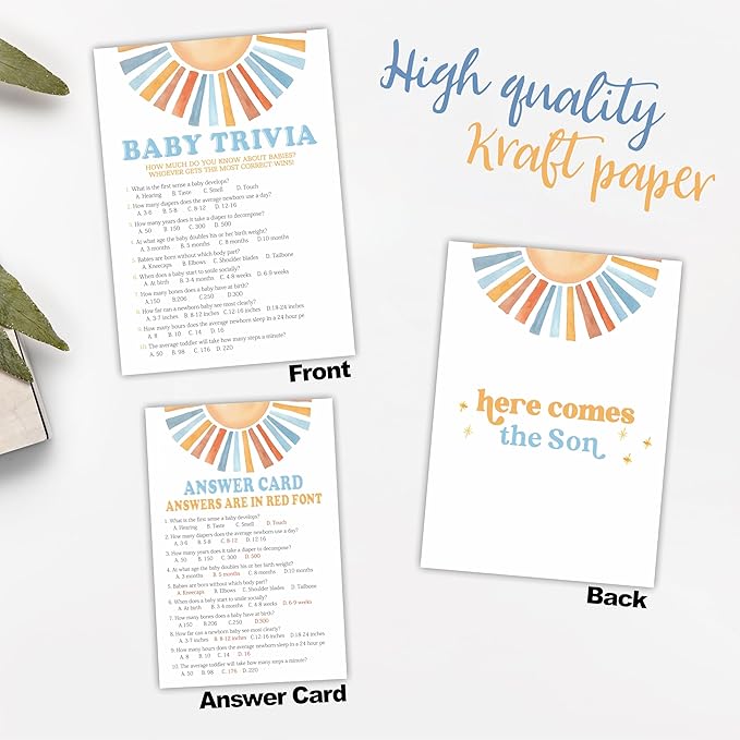 Sunshine Baby Trivia Shower Game Kit - Retro Here Comes The Sun - 30 Fill In Game Cards & 1 Answer Card For Baby Shower, Gender Reveal Party Favor, Activity & Supplies - D07