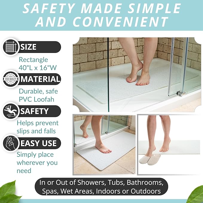 Non Slip Bathtub Mat Shower Mat for Tub - Loofah Bath Mats for Bathroom - 40x16 Bathtub Floor Mat - Textured Anti Slip Bath Mat Without Suction Cups - Secure Mat for Wet Areas (40x16 Aqua Green)