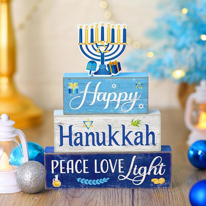 4 Pcs Hanukkah Decorations for Home Chanukah Table Decor Wooden Menorah Decoration Hanukkah Centerpiece Rustic Decorative Menorah Block Signs Gift Farmhouse Jewish New Year Decoration for Home