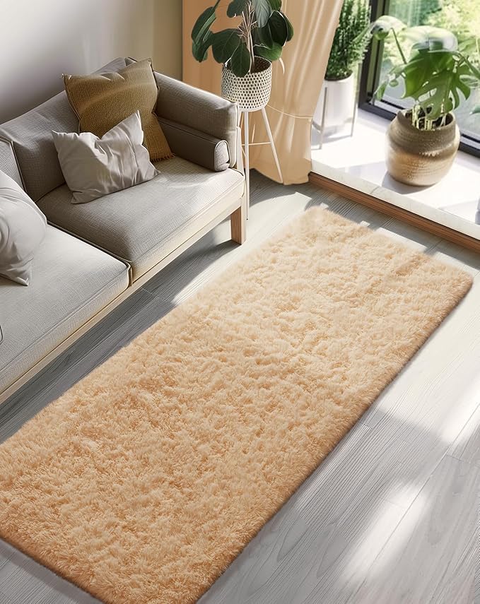 Ophanie 2x8 Runner Rug for Hallway, Upgrade Non-Slip Fluffy Soft Bedside Rugs, Bedroom Living Room Beige Shaggy Carpet for Kids Girls Boys Dorm Nursery Home Decor Aesthetic
