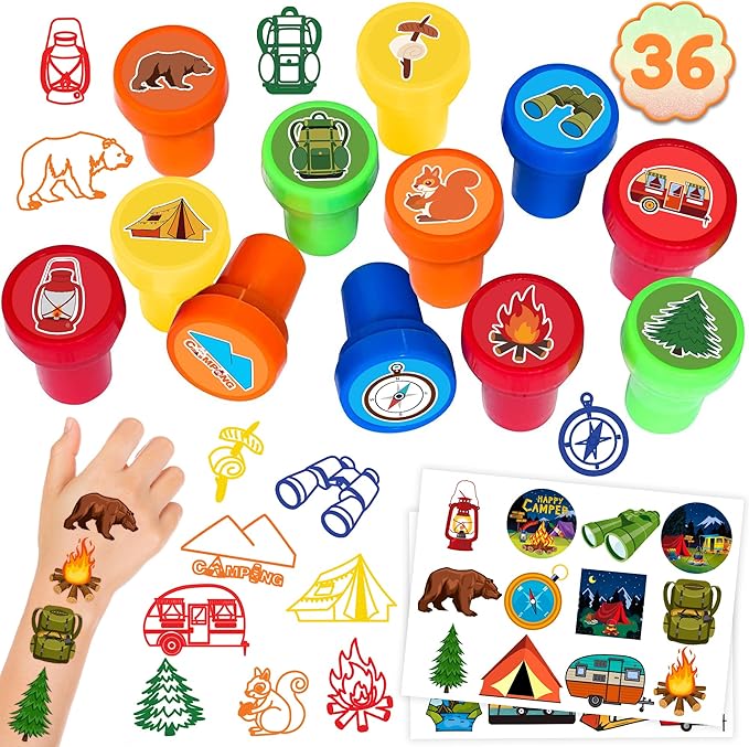 36PCS Camping Party Favors - 24PCS Temporary Tattoos & 12PCS Stamps - Ideal Adventure Themed Birthday Card Decorations Supplies Goodie Bag Cute Rewards for Boys Girls Classroom Gifts Baby Shower